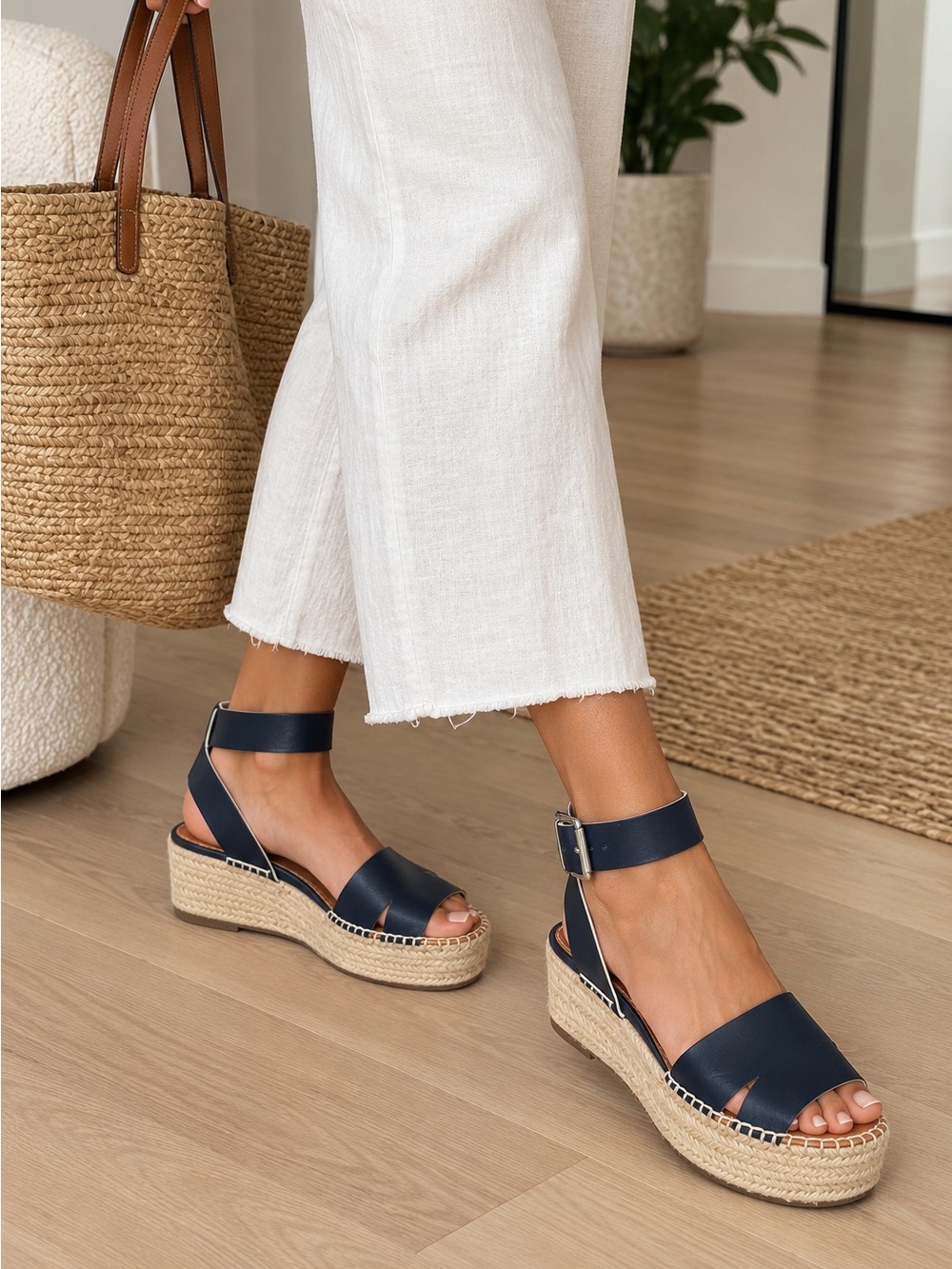 Navy Platform Espadrille Sandals with Ankle Buckle